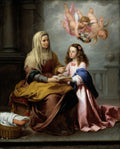 Quadro decorativo 'A Educação da Virgem' de Bartolomé Estebán Murillo, mostrando Santa Ana ensinando a Virgem Maria, com anjos no céu.
