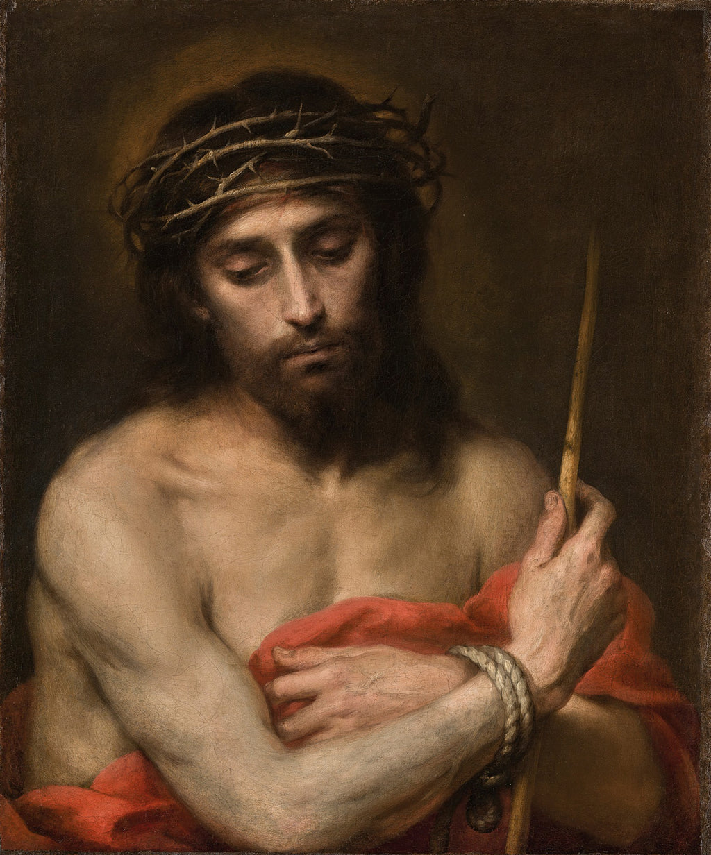 Quadro decorativo de Ecce Homo, obra de Bartolomé Estebán Murillo. Retrato de Jesus Cristo com coroa de espinhos, ombros nus, drapeado vermelho e mãos amarradas segurando um bastão. Fundo escuro e iluminação suave realçam a expressão de sofrimento e dignidade.