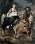Pintura barroca de Bartolomé Estebán Murillo, 'A Fuga para o Egito', mostrando Maria com o Menino Jesus em um jumento e José guiando-o, em tons terrosos e escuros.