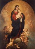 Quadro decorativo da pintura barroca 'A Imaculada Conceição de Soult' de Murillo, mostrando a Virgem Maria com o menino Jesus, cercados por anjos e nuvens em tons dourados e celestiais.