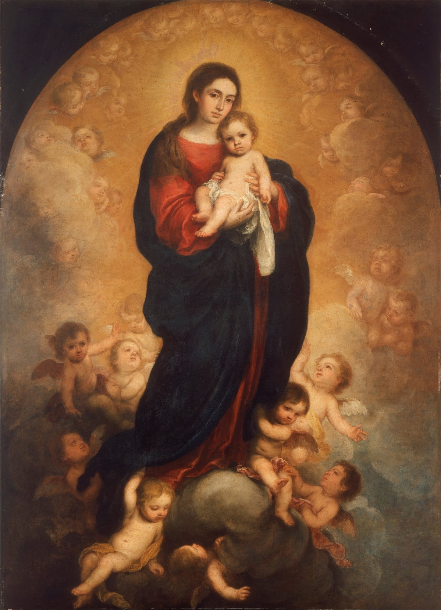 Quadro decorativo da pintura barroca 'A Imaculada Conceição de Soult' de Murillo, mostrando a Virgem Maria com o menino Jesus, cercados por anjos e nuvens em tons dourados e celestiais.