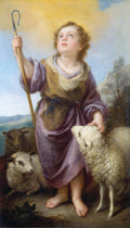 Pintura a óleo de Bartolomé Esteban Murillo, 'O Bom Pastor', retratando o Menino Jesus como pastor, com o cajado na mão e acariciando uma ovelha, enquanto outras ovelhas descansam ao fundo. O olhar do menino está voltado para o céu, sob uma luz dourada e um céu azul claro. O menino está descalço e veste uma túnica roxa e um colete marrom. A paisagem é verde com montanhas distantes.