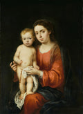 Quadro decorativo Virgem com o Menino de Bartolomé Estebán Murillo, mostrando Maria segurando o Menino Jesus com um rosário, sobre fundo escuro.