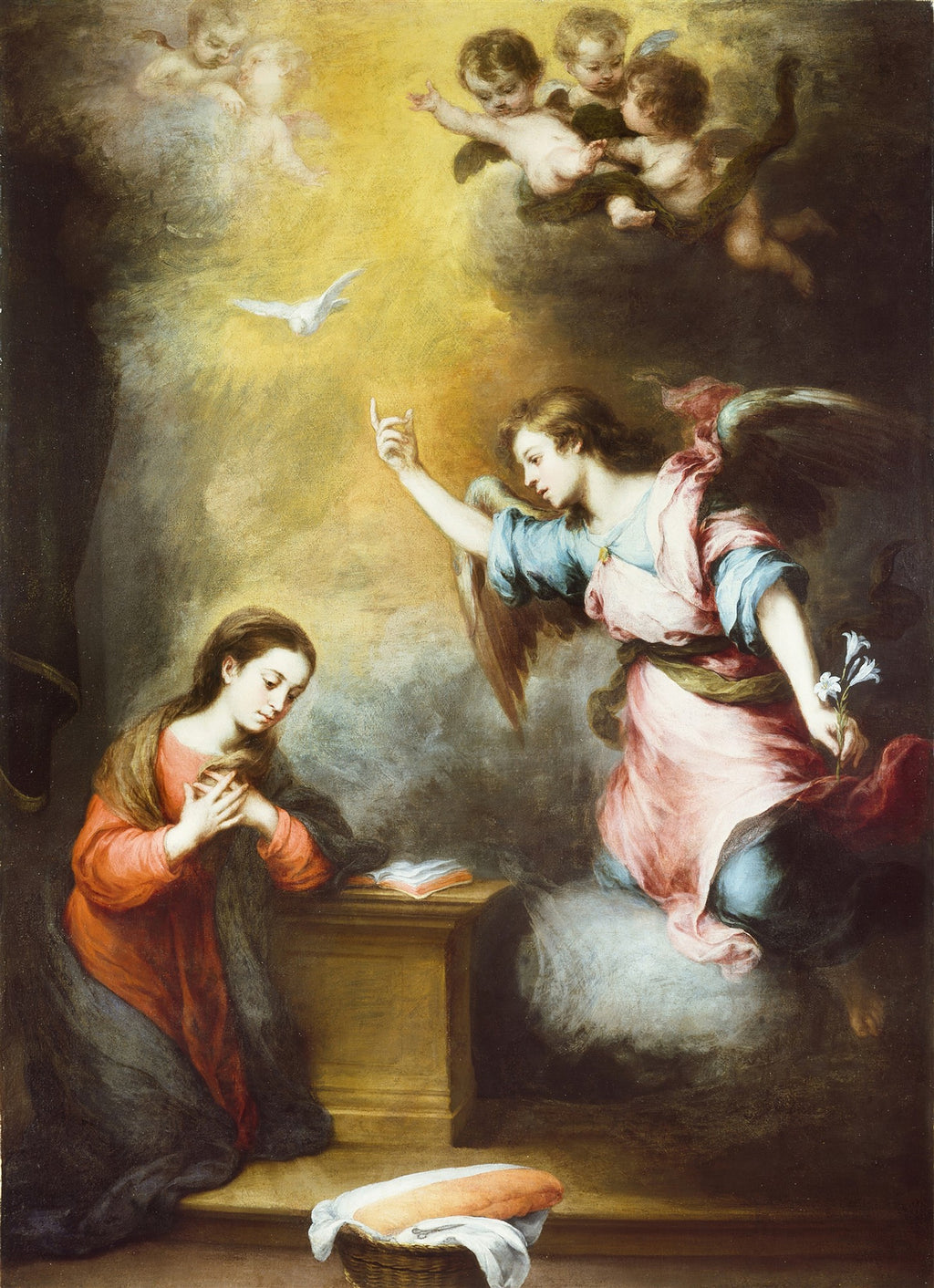 Quadro decorativo da Anunciação de Murillo, com a Virgem Maria ajoelhada diante do Arcanjo Gabriel, iluminados por uma luz divina e anjos no céu.