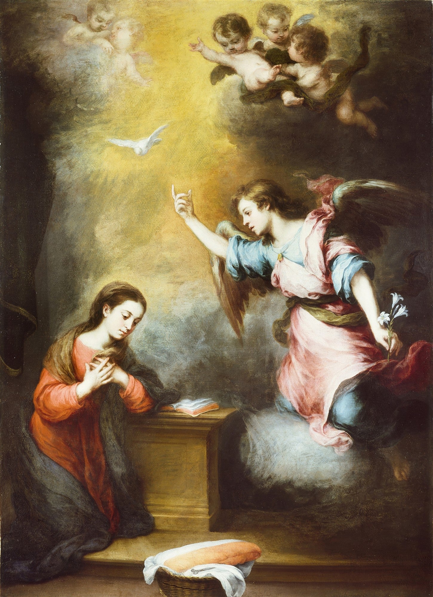 Quadro decorativo da Anunciação de Murillo, com a Virgem Maria ajoelhada diante do Arcanjo Gabriel, iluminados por uma luz divina e anjos no céu.
