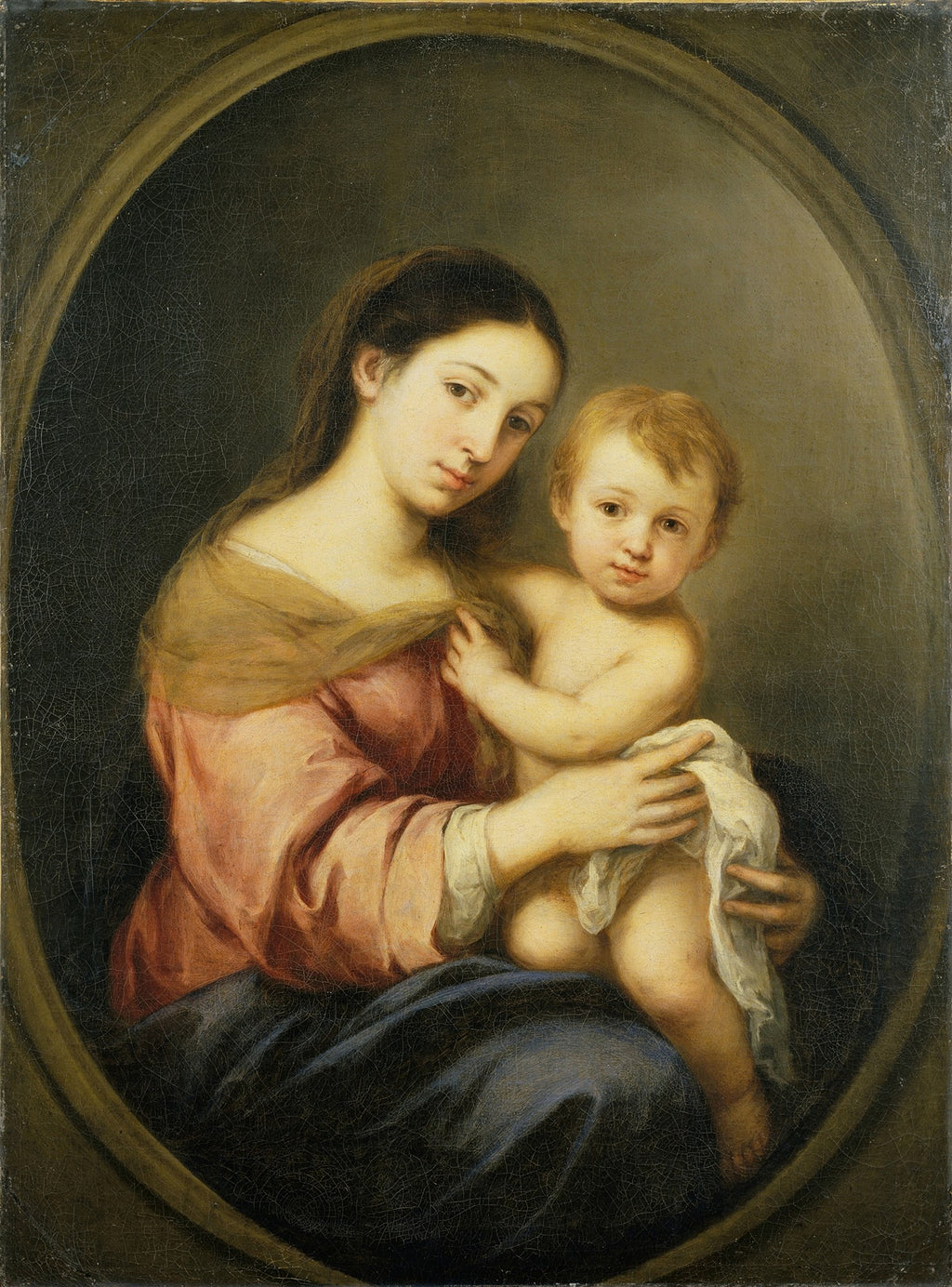 Quadro decorativo ovalado de 'A Virgem e o Menino' de Bartolomé Estebán Murillo, com a Virgem Maria segurando o Menino Jesus, ambos olhando para o espectador, em tons suaves e envolventes.