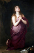 Quadro decorativo de Madalena Penitente, obra de Bartolomé Estebán Murillo. A imagem mostra uma mulher de cabelos longos, ajoelhada, vestindo um manto roxo, com as mãos postas em oração e o olhar voltado para cima, em um fundo escuro. Há um crânio e um livro no canto inferior direito.