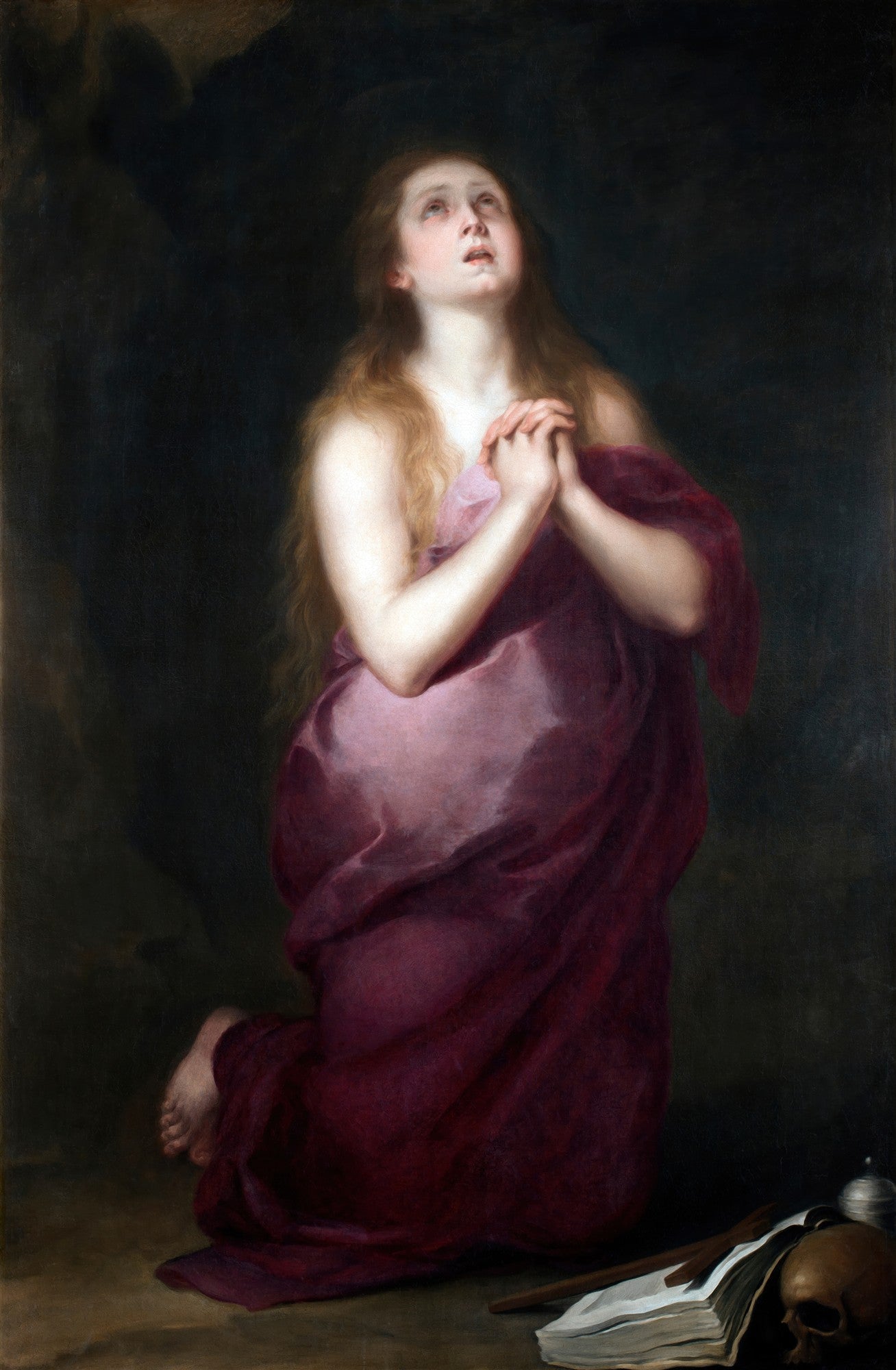 Quadro decorativo de Madalena Penitente, obra de Bartolomé Estebán Murillo. A imagem mostra uma mulher de cabelos longos, ajoelhada, vestindo um manto roxo, com as mãos postas em oração e o olhar voltado para cima, em um fundo escuro. Há um crânio e um livro no canto inferior direito.