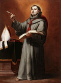 Quadro decorativo do Santo com Livro e Pena, atribuído a Bartolomé Estebán Murillo. Um santo em vestes cinzas, com auréola, segura um livro e uma pena, olhando para cima em êxtase, com luz divina sobre ele. Ao lado, uma mitra branca sobre uma mesa escura.
