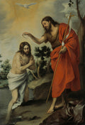 Pintura a óleo de Bartolomé Estebán Murillo, 'O Batismo de Cristo', mostrando João Batista batizando Jesus em um rio, com uma pomba branca e luz divina acima.