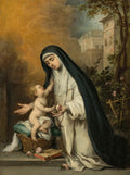 Quadro decorativo mostrando Santa Rosa de Viterbo, ajoelhada e vestida com hábito monástico, segurando uma rosa que o Menino Jesus, sentado em um cesto, tenta alcançar. O fundo apresenta uma paisagem com edifícios e um céu dramático. Obra de Bartolomé Estebán Murillo.