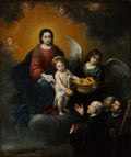 Pintura barroca de Bartolomé Estebán Murillo, "A Virgem e o Menino com Santos", apresentando a Virgem Maria e o Menino Jesus em uma nuvem dourada, cercados por anjos, e santos em oração abaixo. Predominam tons de marrom, azul, vermelho e dourado.