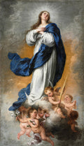 Quadro decorativo "A Imaculada Conceição" de Bartolomé Esteban Murillo, apresentando a Virgem Maria em um manto azul e branco, ascendendo entre nuvens e cercada por anjos querubins.