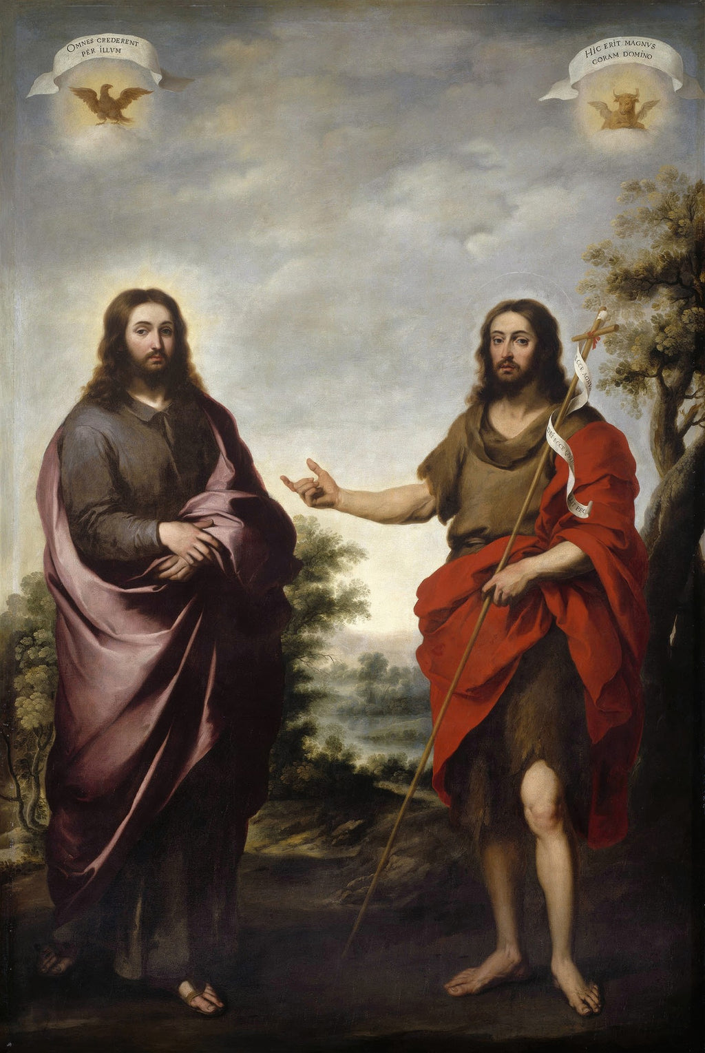 Pintura barroca de Bartolomé Estebán Murillo retratando Jesus Cristo e São João Batista em pé, com paisagem ao fundo. Jesus usa uma túnica roxa e João Batista, vestes rústicas e uma faixa vermelha, apontando para Jesus. Há inscrições em latim e símbolos celestiais acima de cada figura.