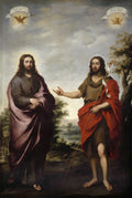 Pintura barroca de Bartolomé Estebán Murillo retratando Jesus Cristo e São João Batista em pé, com paisagem ao fundo. Jesus usa uma túnica roxa e João Batista, vestes rústicas e uma faixa vermelha, apontando para Jesus. Há inscrições em latim e símbolos celestiais acima de cada figura.