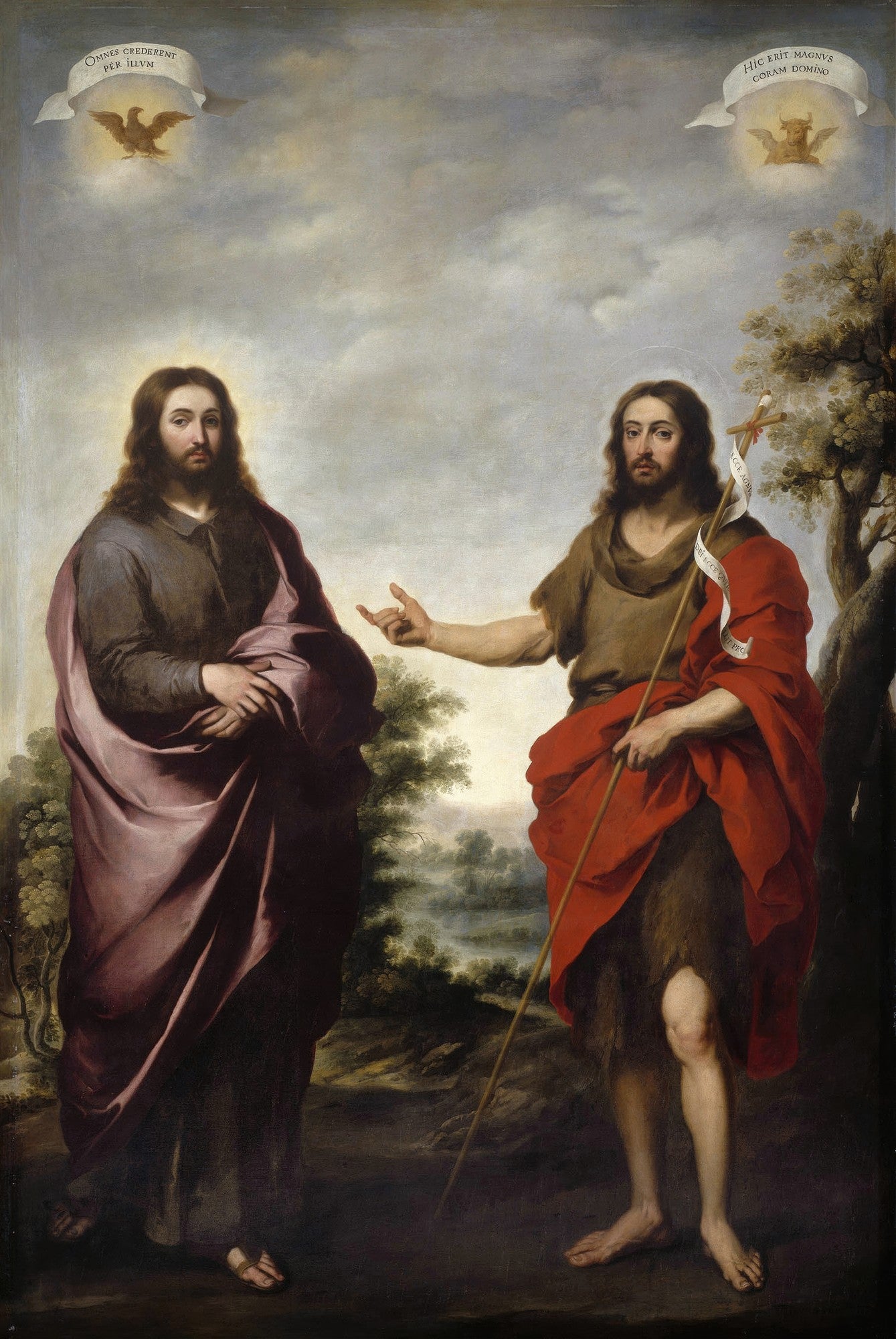 Pintura barroca de Bartolomé Estebán Murillo retratando Jesus Cristo e São João Batista em pé, com paisagem ao fundo. Jesus usa uma túnica roxa e João Batista, vestes rústicas e uma faixa vermelha, apontando para Jesus. Há inscrições em latim e símbolos celestiais acima de cada figura.