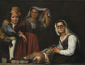 Quadro decorativo do pintor Bartolomé Estebán Murillo, intitulado 'Crianças Comendo Torta', mostrando quatro figuras, sendo três adultos e uma criança no chão. A criança e um jovem sorriem, enquanto as duas mulheres observam com expressões mais sérias. A paleta é escura com toques vibrantes de vermelho e azul.