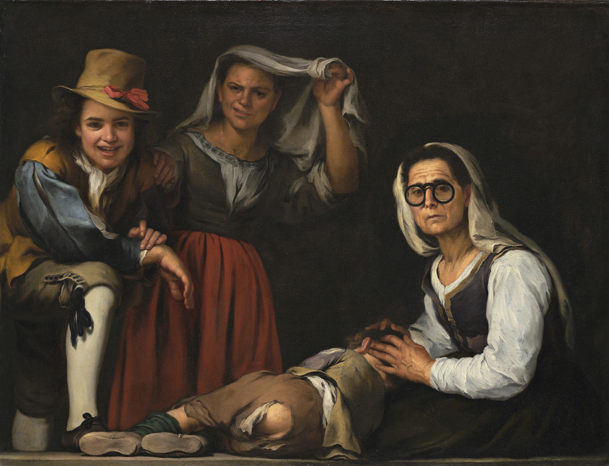 Quadro decorativo do pintor Bartolomé Estebán Murillo, intitulado 'Crianças Comendo Torta', mostrando quatro figuras, sendo três adultos e uma criança no chão. A criança e um jovem sorriem, enquanto as duas mulheres observam com expressões mais sérias. A paleta é escura com toques vibrantes de vermelho e azul.