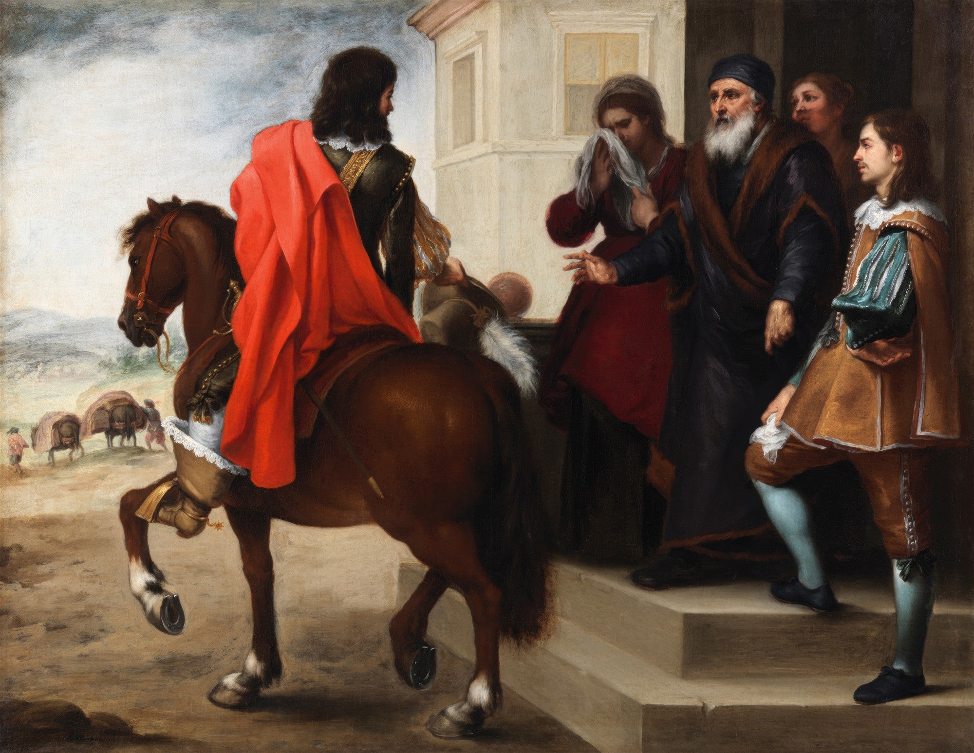 Quadro decorativo O Retorno do Filho Pródigo de Murillo. Um homem a cavalo com capa vermelha vira as costas para um grupo de pessoas que o acolhe, incluindo um homem idoso e uma mulher com um lenço nos olhos.