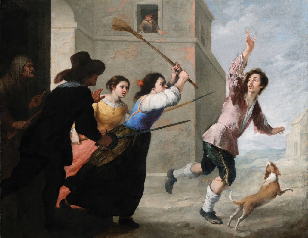 Quadro decorativo mostrando uma cena movimentada do século XVII, atribuída a Murillo, com um jovem fugindo, uma mulher com uma vassoura, e outras figuras e um cachorro em um cenário arquitetônico.