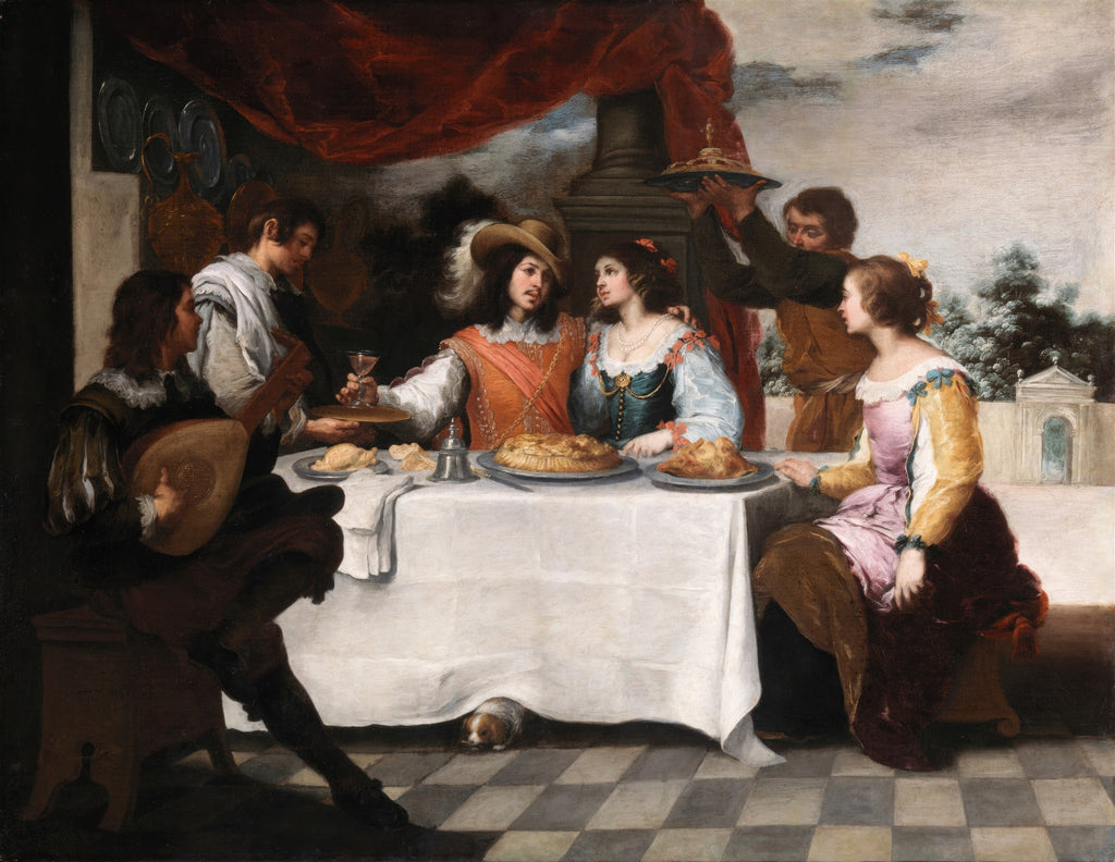 Quadro decorativo detalhado de Bartolomé Estebán Murillo, 'A Festa de Aniversário', mostrando uma cena de gênero barroca com pessoas em uma mesa, um músico tocando alaúde e um cachorro sob a mesa.