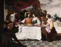 Quadro decorativo detalhado de Bartolomé Estebán Murillo, 'A Festa de Aniversário', mostrando uma cena de gênero barroca com pessoas em uma mesa, um músico tocando alaúde e um cachorro sob a mesa.
