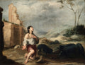 Pintura a óleo de Bartolomé Estebán Murillo, "O Filho Pródigo Entre os Porcos". Retrata um jovem ajoelhado, com o olhar para cima e as mãos abertas em súplica, em meio a porcos, com ruínas ao fundo e um céu dramático. Os tons são terrosos e escuros, com destaque para a pele pálida do jovem.