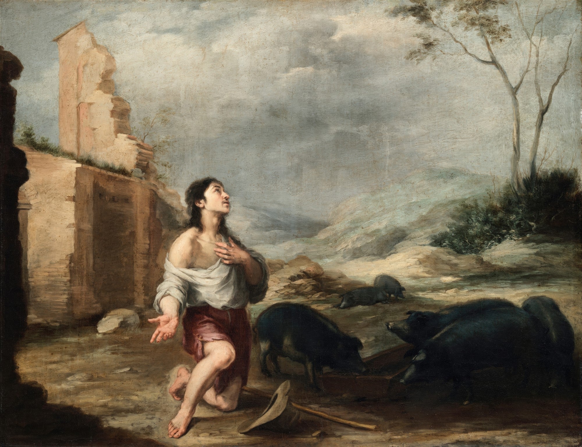 Pintura a óleo de Bartolomé Estebán Murillo, "O Filho Pródigo Entre os Porcos". Retrata um jovem ajoelhado, com o olhar para cima e as mãos abertas em súplica, em meio a porcos, com ruínas ao fundo e um céu dramático. Os tons são terrosos e escuros, com destaque para a pele pálida do jovem.