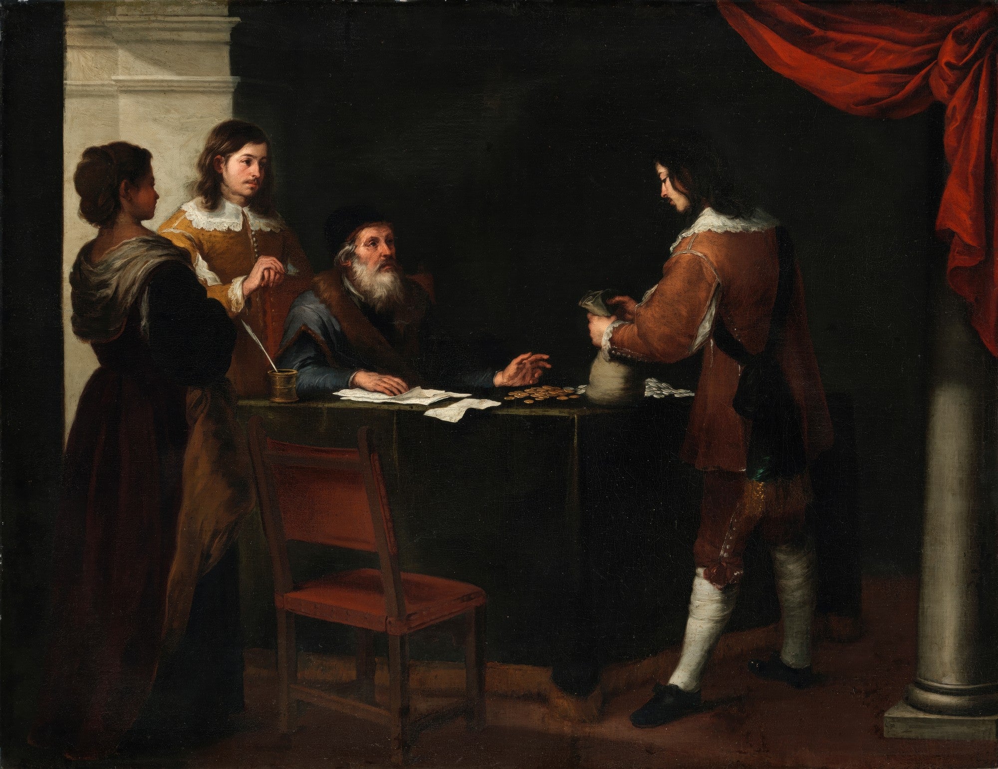Pintura barroca de Bartolomé Estebán Murillo, "A Parábola do Filho Pródigo", mostrando cinco figuras em uma cena de transação de dinheiro, com tons escuros e iluminação dramática.