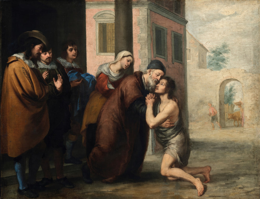 Pintura a óleo 'O Retorno do Filho Pródigo' de Bartolomé Estebán Murillo, mostrando um pai idoso abraçando um filho de joelhos, com outras figuras observando a cena e uma paisagem arquitetônica ao fundo.