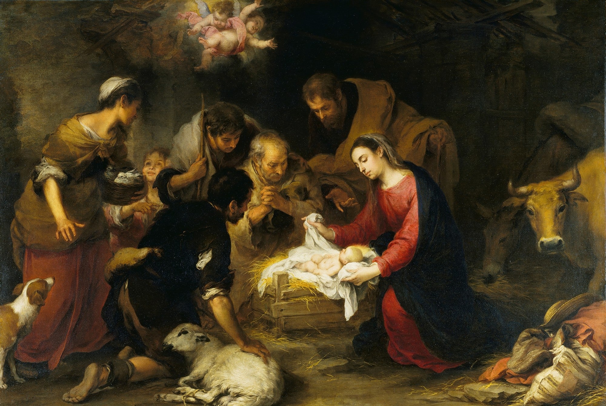 Quadro decorativo mostrando a pintura 'A Adoração dos Pastores' de Murillo, com a Virgem Maria e José reverenciando o Menino Jesus, cercados por pastores, anjos e animais em uma cena de luz e sombra.