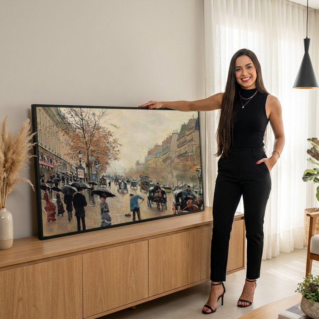 Quadro Decorativo Chuva em Paris - Jean Béraud com modelo em ambiente
