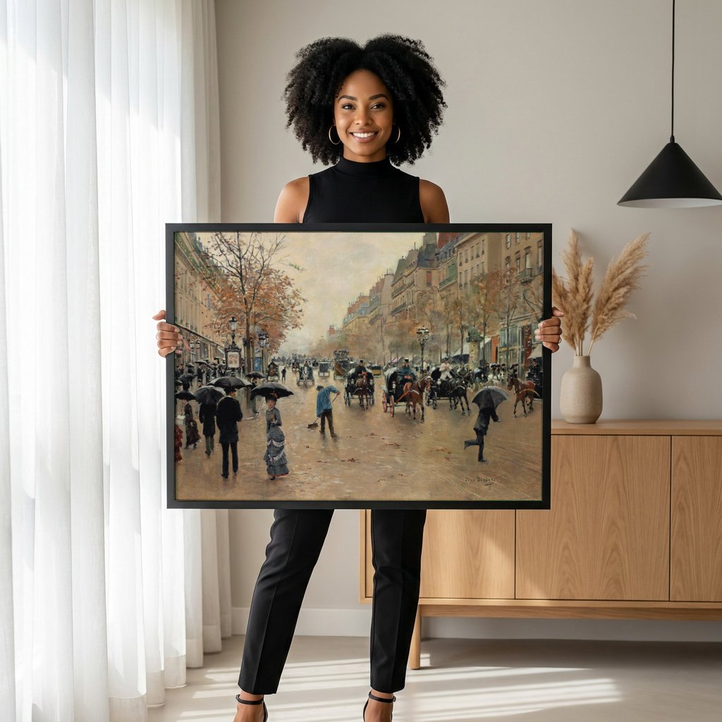 Quadro Decorativo Chuva em Paris - Jean Béraud com modelo em ambiente