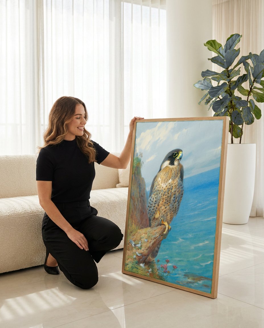Quadro Decorativo Falcão-peregrino à Beira-mar - Thorburn com modelo em ambiente