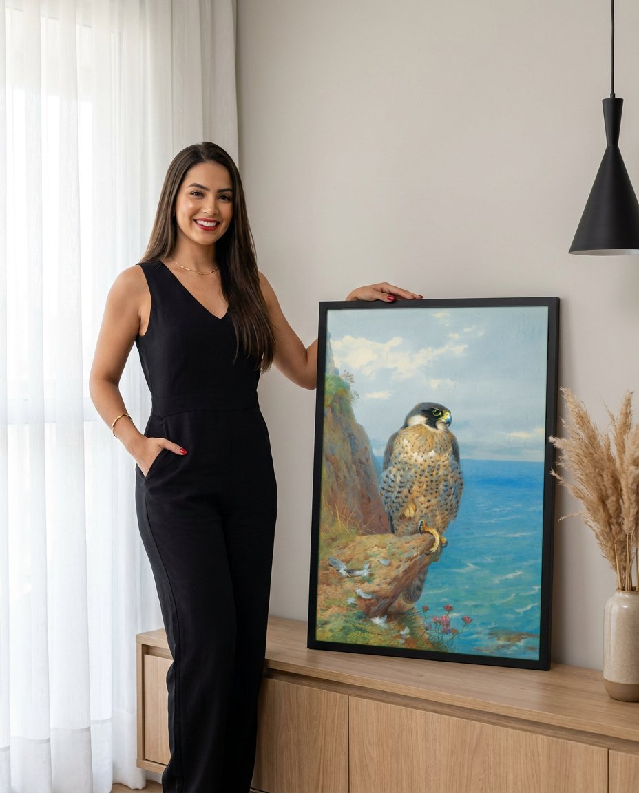 Quadro Decorativo Falcão-peregrino à Beira-mar - Thorburn com modelo em ambiente