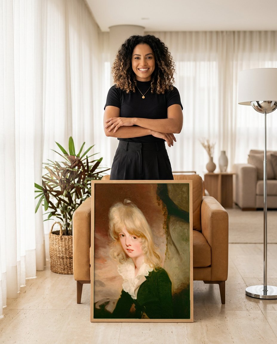 Quadro Decorativo Retrato de Jovem Cabelo Dourado - John Hoppner com modelo em ambiente
