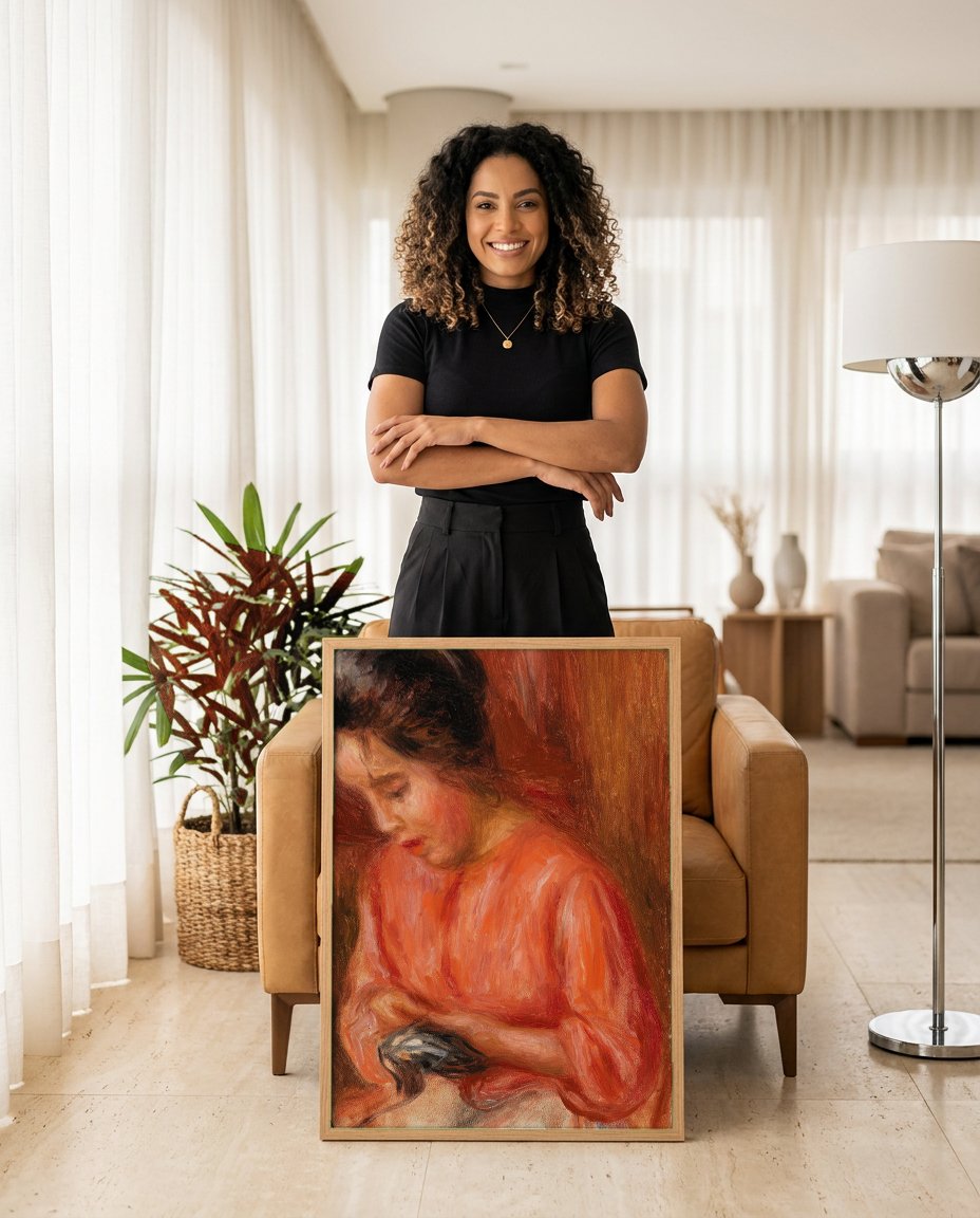 Quadro Decorativo Mulher Penteando Cabelo - Renoir com modelo em ambiente