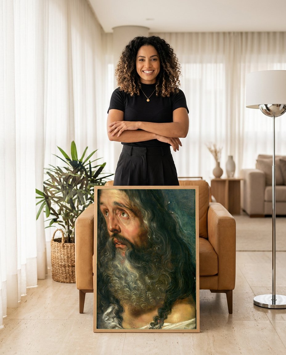 Quadro Decorativo 'A Cabeça de Ciro' - Rubens com modelo em ambiente