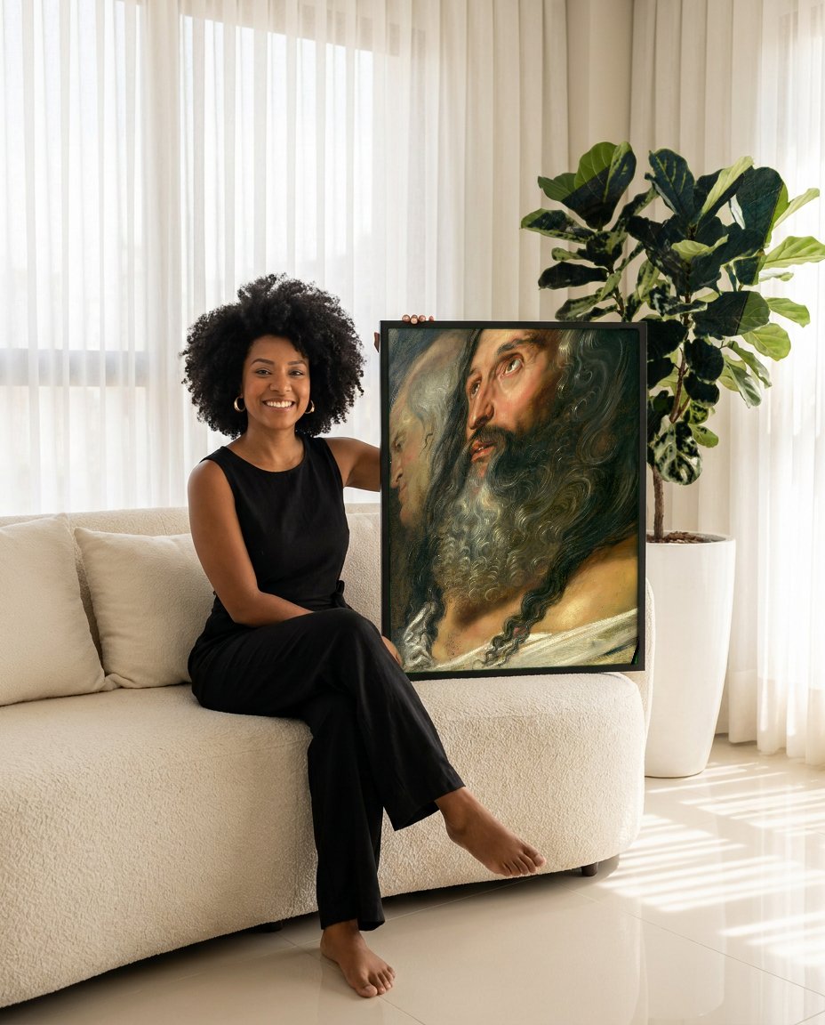Quadro Decorativo 'A Cabeça de Ciro' - Rubens com modelo em ambiente