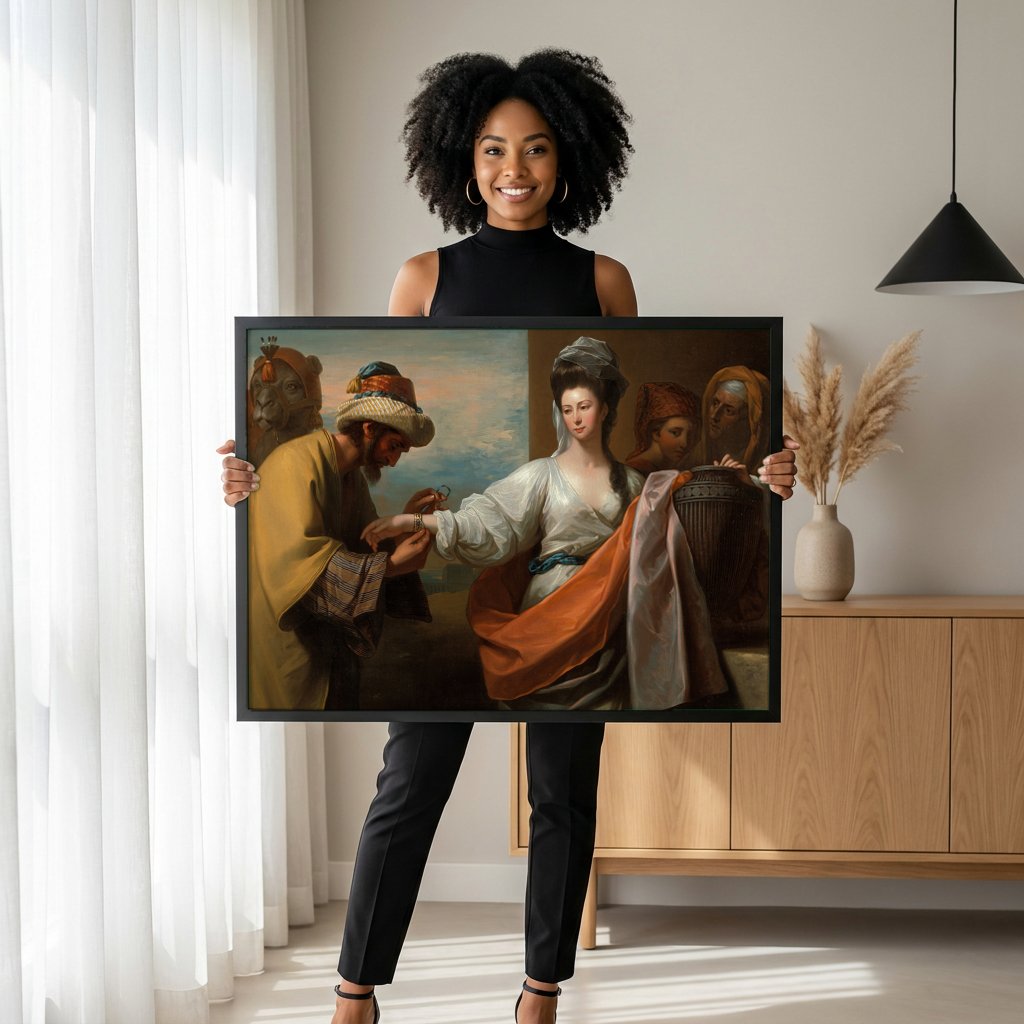 Quadro Decorativo A Oferta de Rebeca - Benjamin West com modelo em ambiente