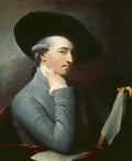 Retrato a óleo de um cavalheiro com peruca branca e chapéu preto, vestindo casaco azul, atribuído a Benjamin West
