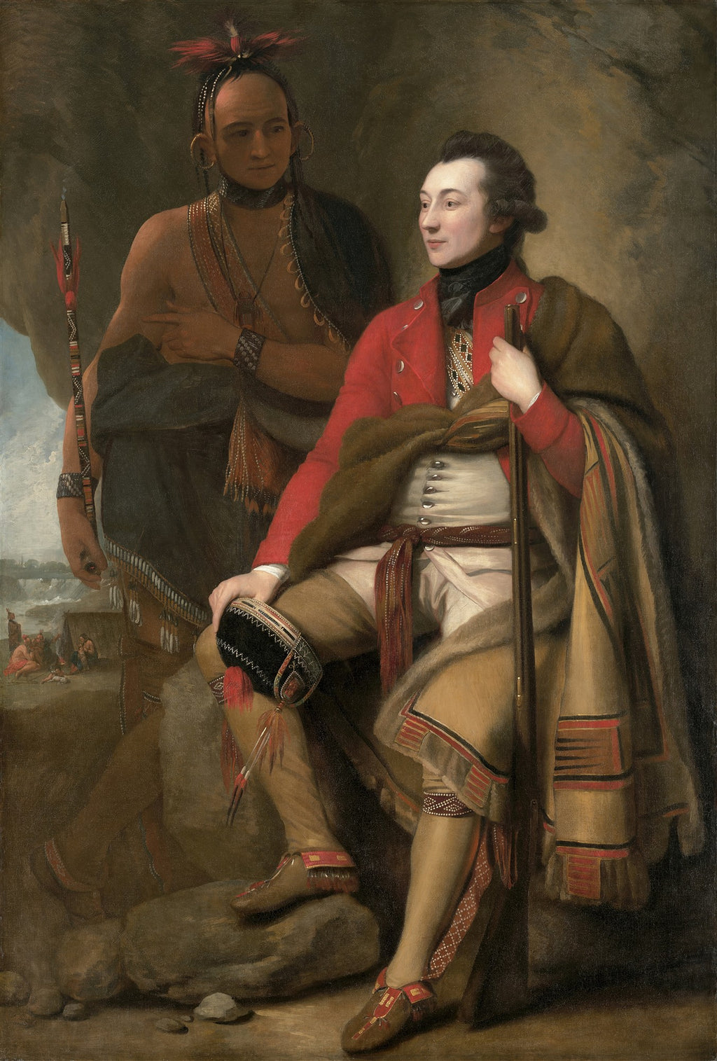 Quadro decorativo 'A Morte do General Wolfe' de Benjamin West, mostrando o General Wolfe morrendo nos braços de seus homens após a Batalha de Quebec, com um guerreiro indígena ao fundo. A cena é dramática e heroica, com cores vibrantes e uma composição clássica.