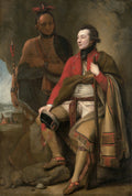 Quadro decorativo 'A Morte do General Wolfe' de Benjamin West, mostrando o General Wolfe morrendo nos braços de seus homens após a Batalha de Quebec, com um guerreiro indígena ao fundo. A cena é dramática e heroica, com cores vibrantes e uma composição clássica.