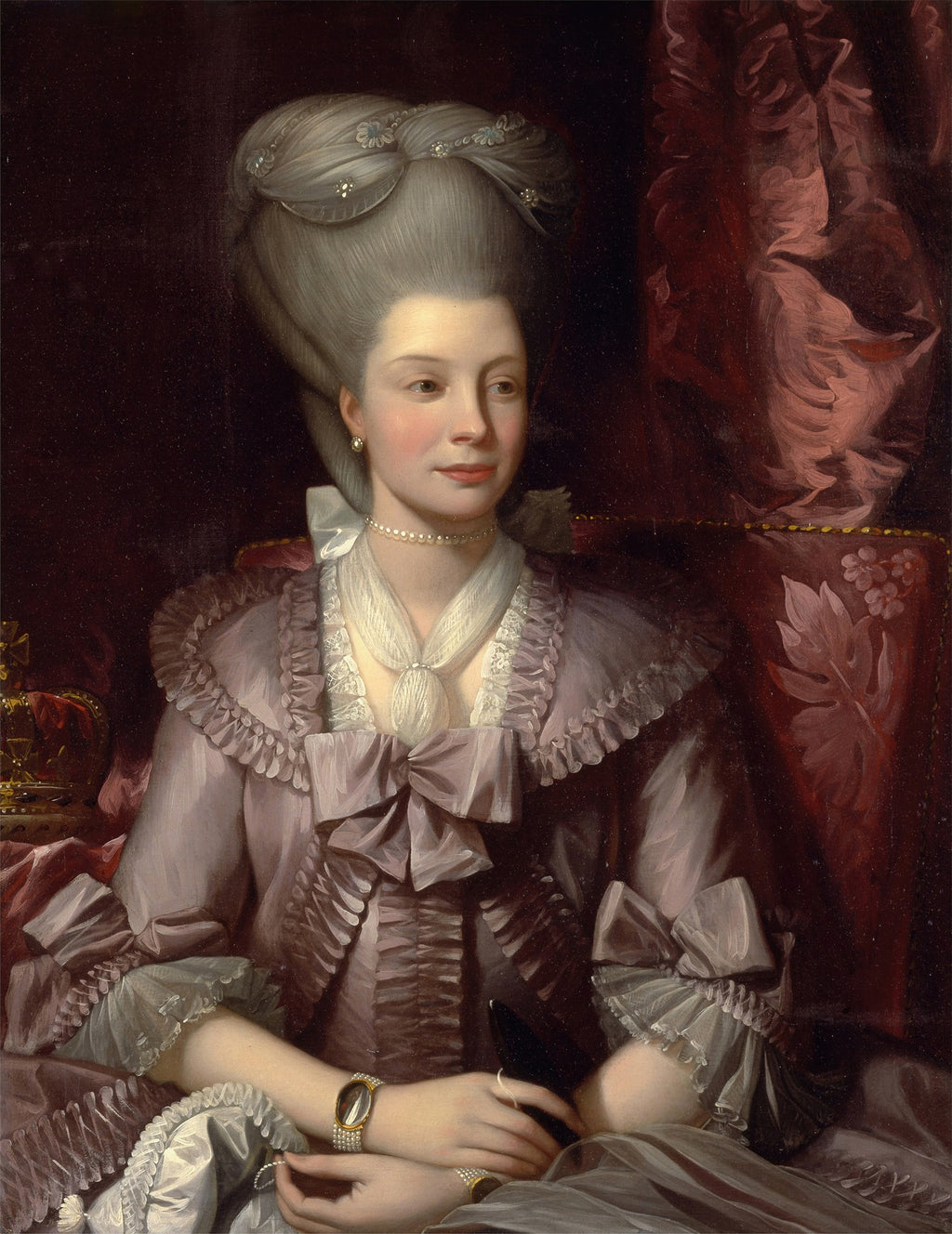 Retrato de uma mulher elegante do século XVIII, com um vestido rosa-lilás e um penteado alto, atribuído a Benjamin West.