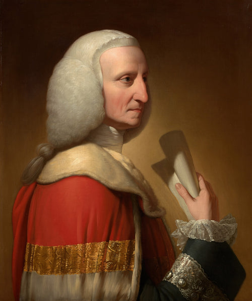Retrato de um homem em perfil, vestindo peruca branca e traje formal vermelho e dourado, segurando papéis, atribuído a Benjamin West.