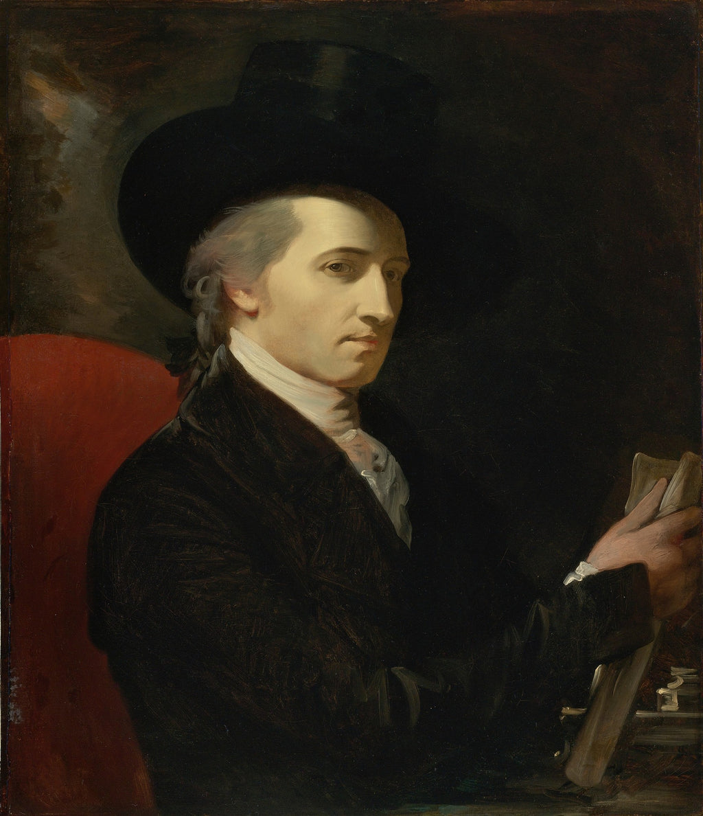 Retrato de um jovem cavalheiro do século XVIII, pintado por Benjamin West. O homem usa um chapéu preto, casaco escuro e lenço branco, com um olhar pensativo.