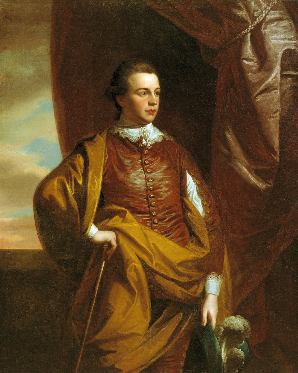 Retrato de um jovem cavalheiro do século XVIII, em vestes luxuosas marrons e douradas, segurando uma bengala, atribuído a Benjamin West.