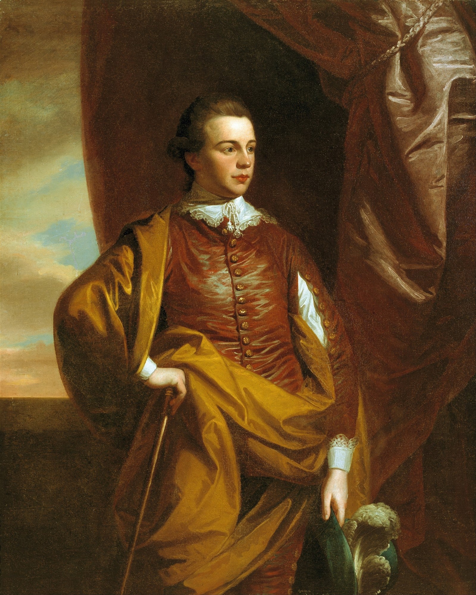 Retrato de um jovem cavalheiro do século XVIII, em vestes luxuosas marrons e douradas, segurando uma bengala, atribuído a Benjamin West.