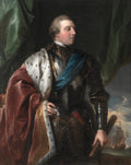 Retrato a óleo de um homem jovem, com peruca branca, vestindo armadura reluzente, manto real vermelho e branco com detalhes dourados e faixa azul. Ao fundo, uma frota naval em mar agitado e uma cortina verde escura.