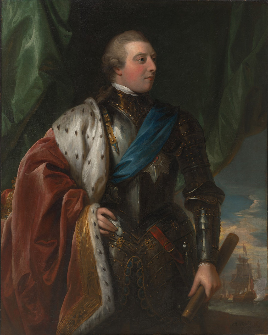 Retrato a óleo de George III, obra de Benjamin West, apresentando o rei em armadura e capa real, com um fundo de batalha naval e cortina verde.